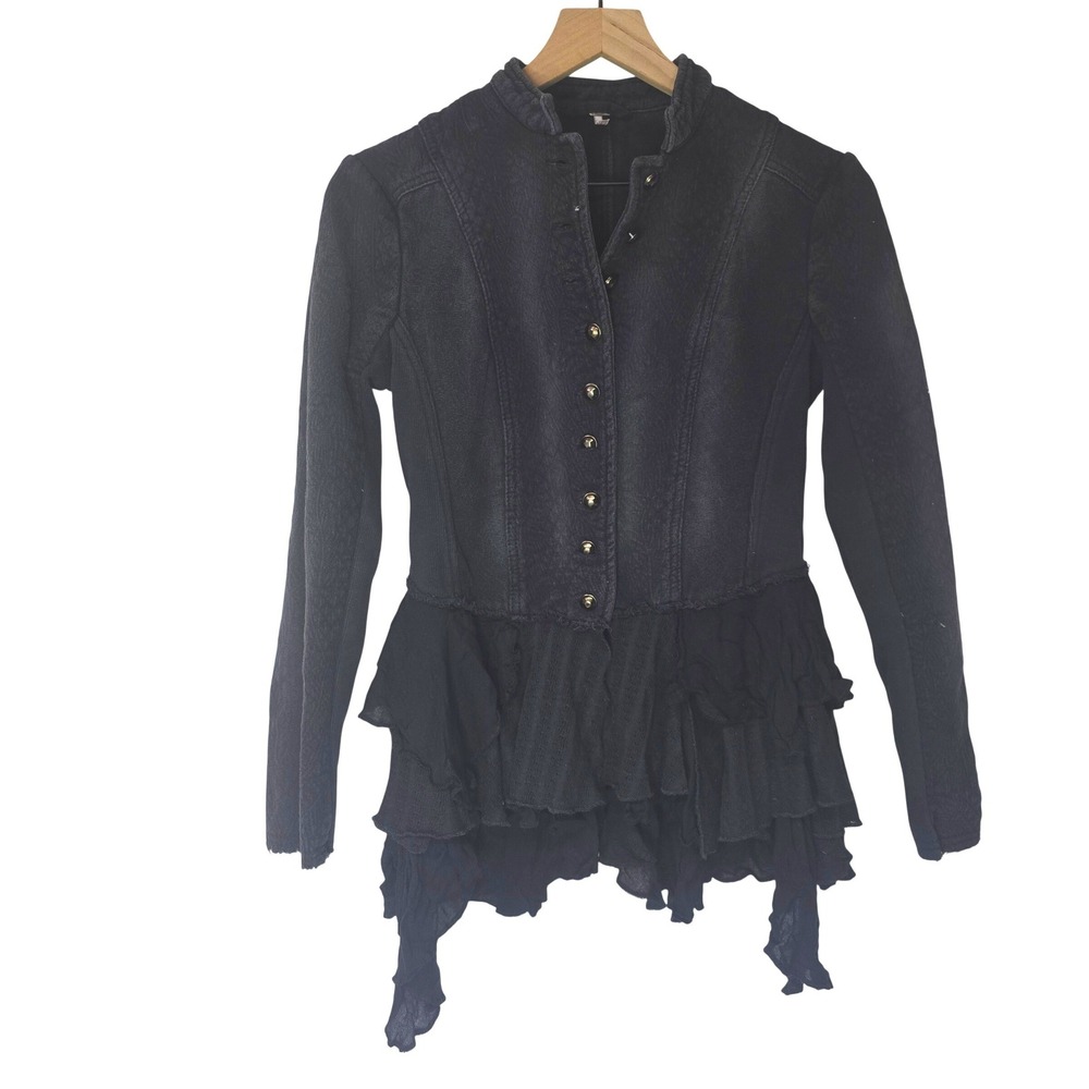 Free People Victorian Ruffle Hem Jacket Womens 4 Black Cotton Goth Boho